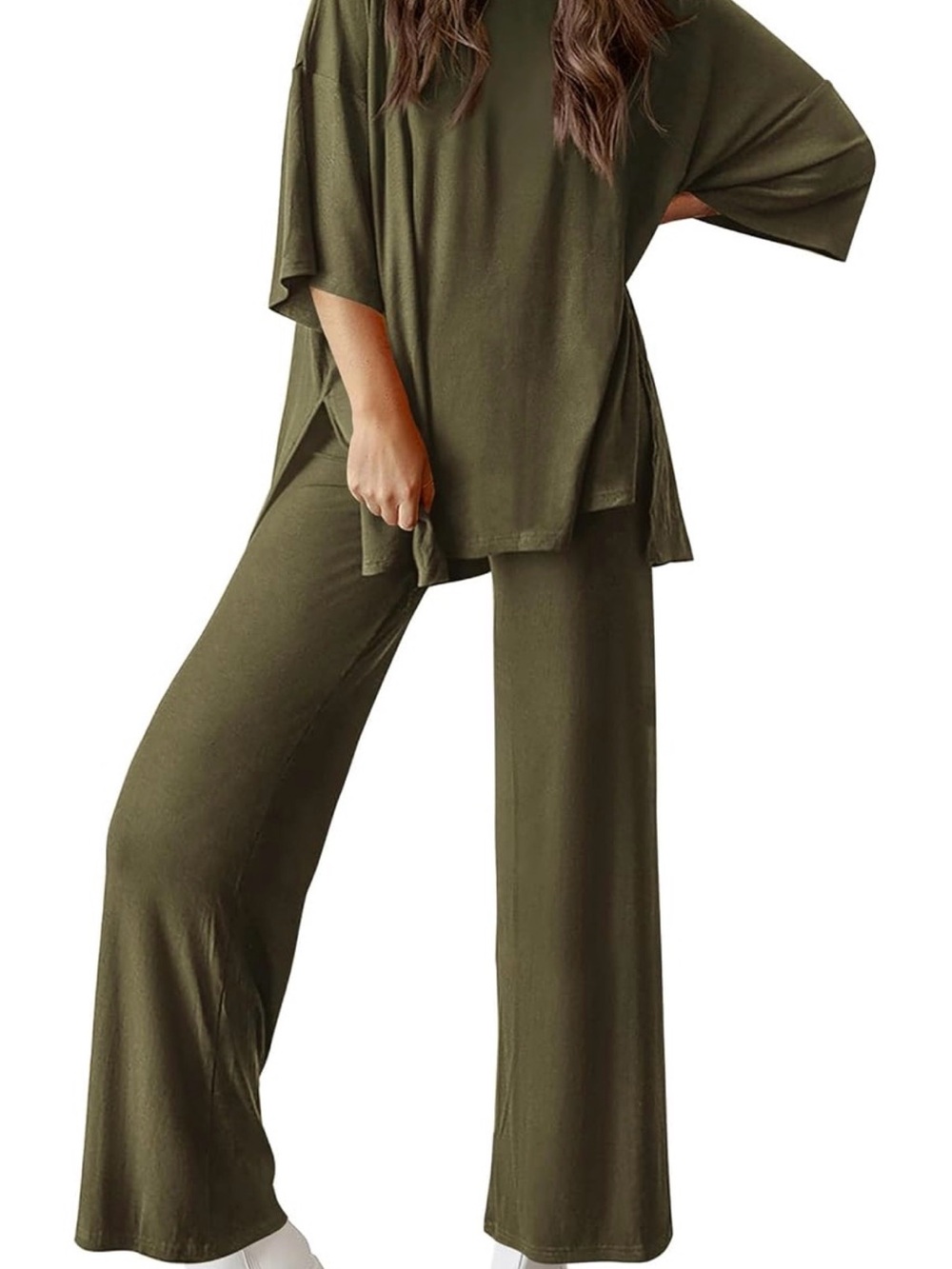 Women’s Olive Wide-Leg Lounge Set - Relaxed Two-Piece